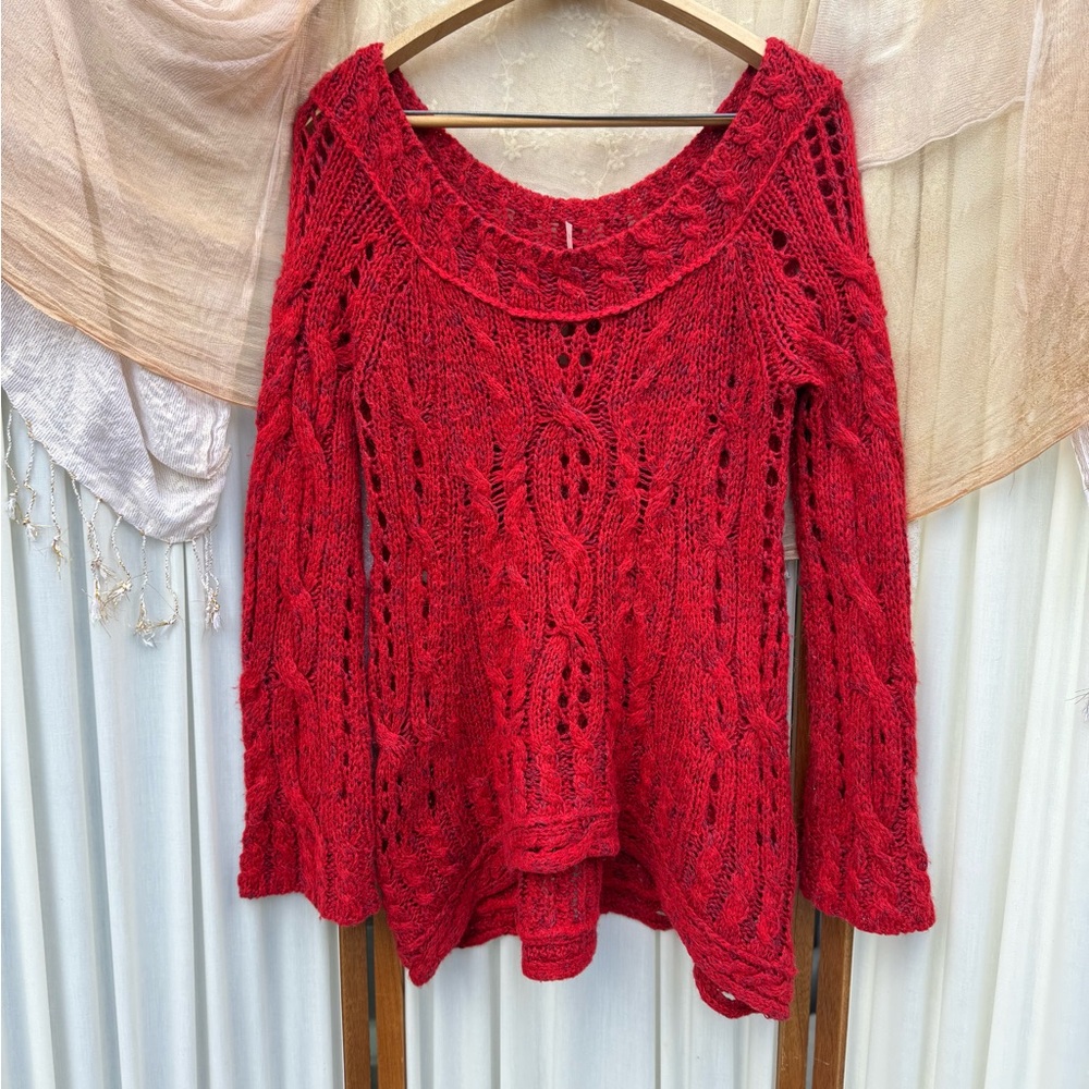 Free People Red Cable Knit Off the Shoulder Tunic Sweater - Picture 2 of 7
